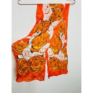 Vintage Pumpkin White Ghost Ghoul Happy Smile Halloween Scarf Tie